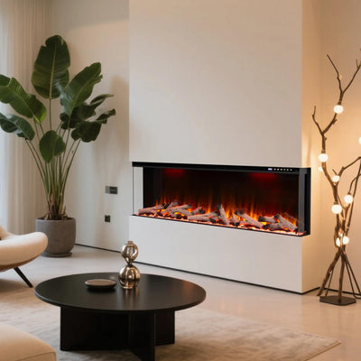 Maison 50 Inch 2025 Panoramic Smart Alexa Media Wall Fire 3 Sided Glass LED WiFi Electric UHD Fireplace
