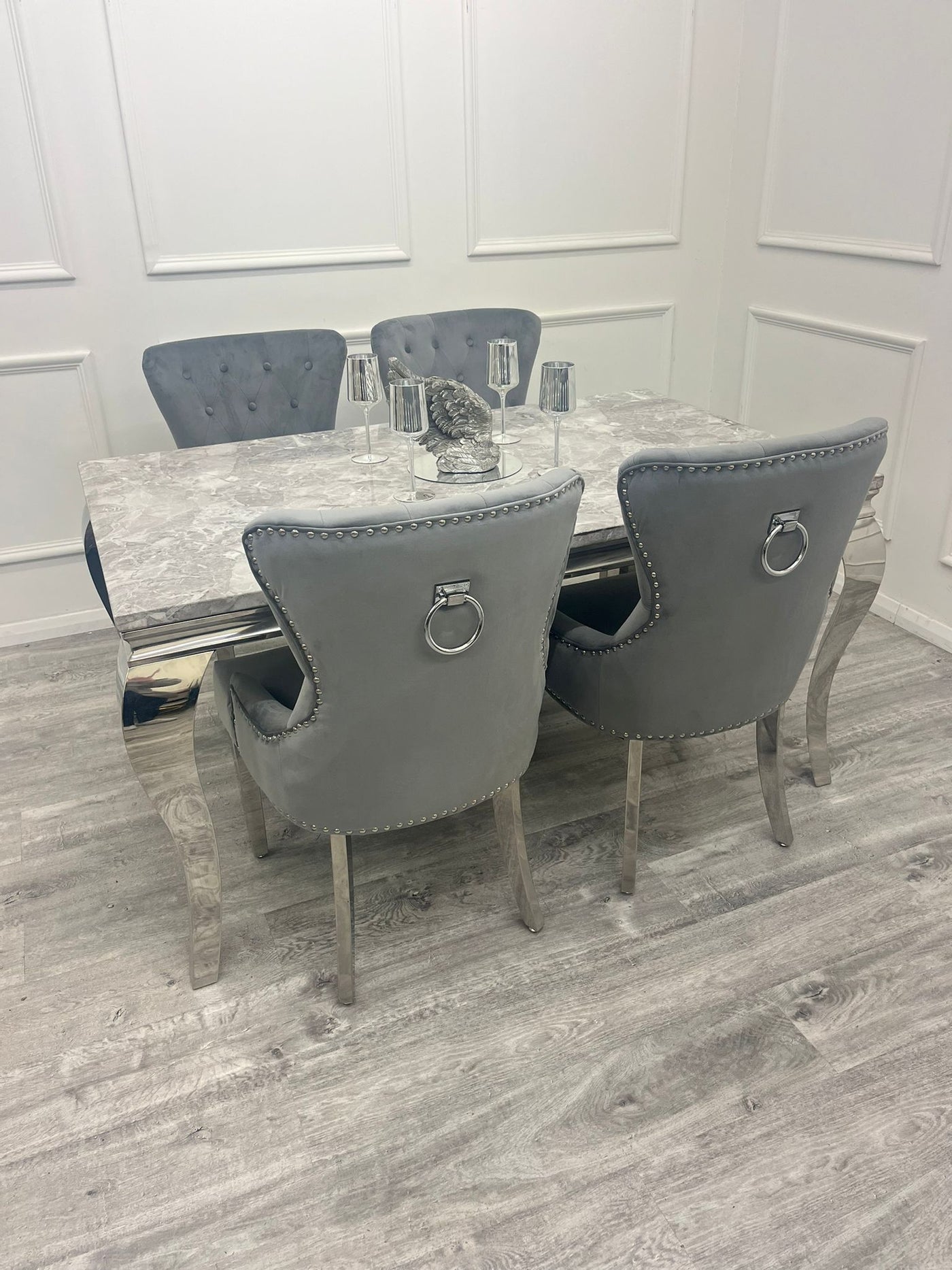 Louis 160cm Marble & Chrome Dining Table With Megan Chrome Ring Knocker Velvet Chairs