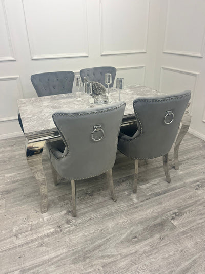 Louis 160cm Marble & Chrome Dining Table With Megan Chrome Ring Knocker Velvet Chairs