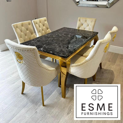 Louis Gold Marble Dining Table With Gold Quilted Lion Knocker Velvet Chairs