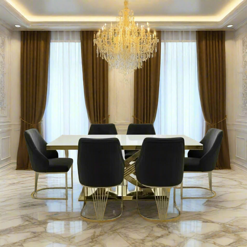 Elina 180cm Gold Dining Table With Carlton Velvet Gold Chairs