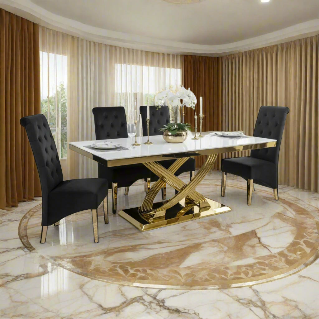 Elina 180cm Gold Dining Table With Lucy Gold Ring Velvet Chairs