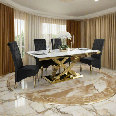Elina 180cm Gold Dining Table With Lucy Gold Ring Velvet Chairs