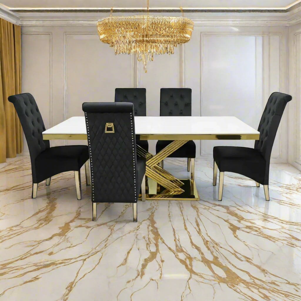 Elina 180cm Gold Dining Table With Lucy Gold Ring Velvet Chairs