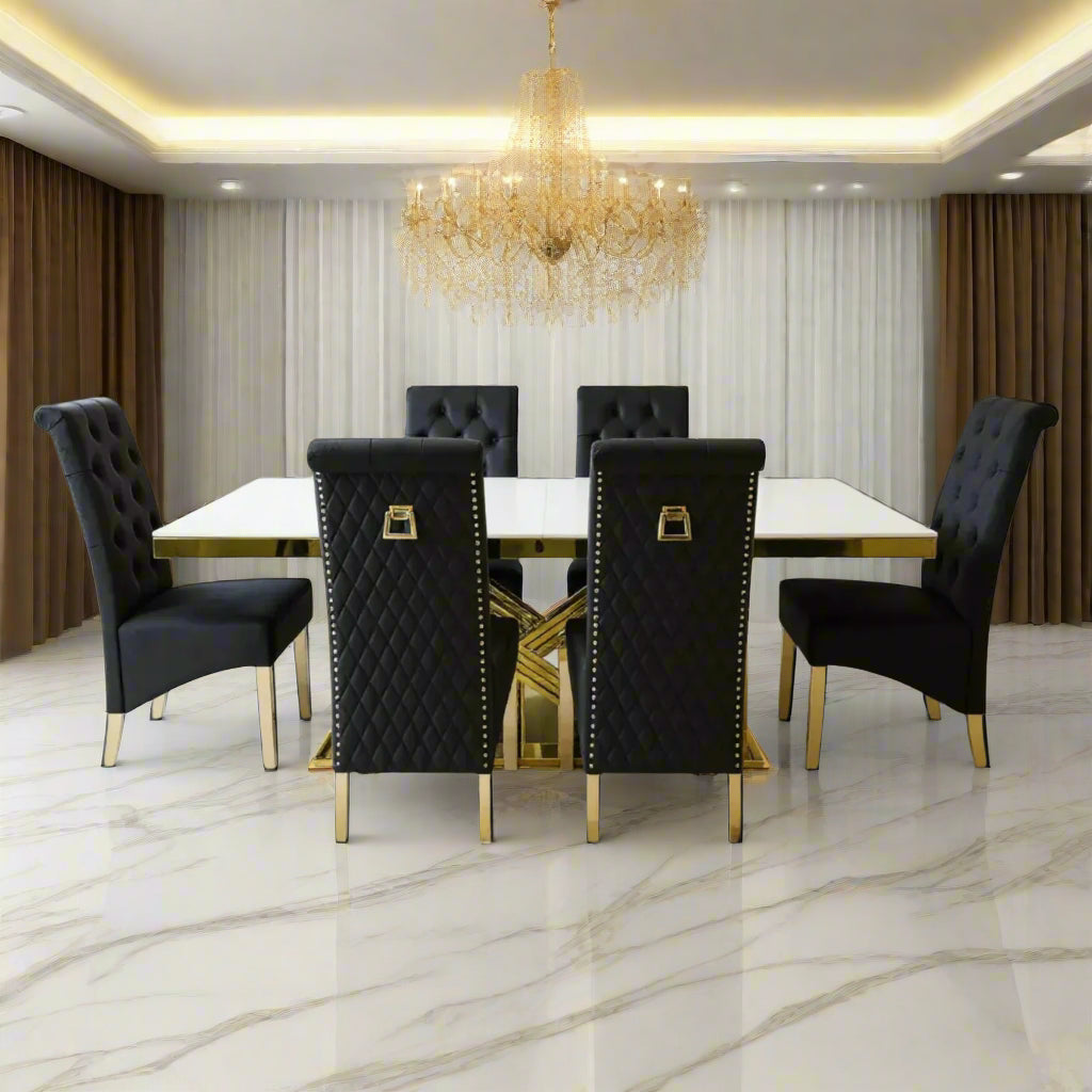 Elina 180cm Gold Dining Table With Lucy Gold Ring Velvet Chairs