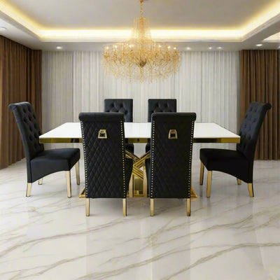 Elina 180cm Gold Dining Table With Lucy Gold Ring Velvet Chairs