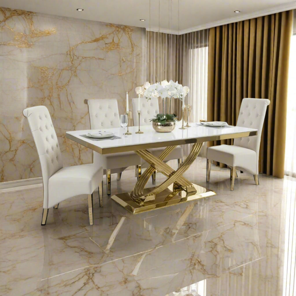 Elina 180cm Gold Dining Table With Lucy Gold Ring Velvet Chairs