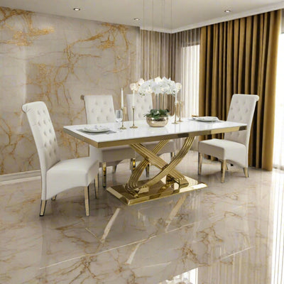 Elina 180cm Gold Dining Table With Lucy Gold Ring Velvet Chairs