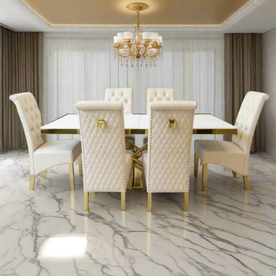 Elina 180cm Gold Dining Table With Lucy Gold Ring Velvet Chairs
