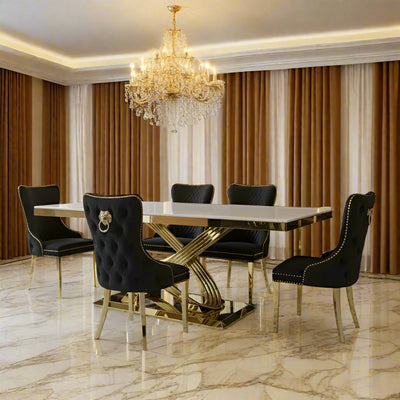 Elina 180cm Gold Dining Table With Victoria Lion Knocker Velvet Gold Chairs