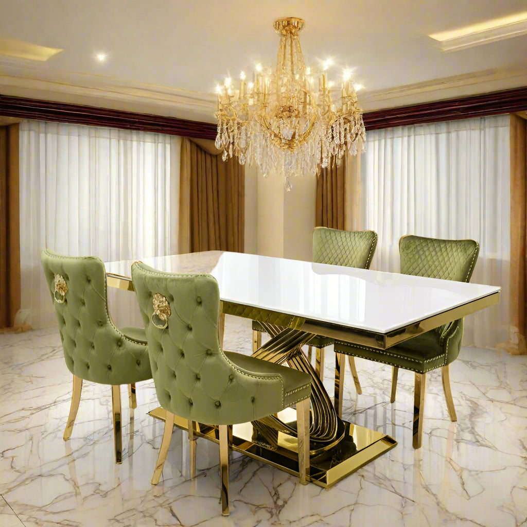 Elina 180cm Gold Dining Table With Victoria Lion Knocker Velvet Gold Chairs