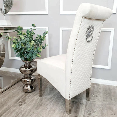 Louis Pandora Gold Marble & Chrome Dining Table With Lucy Slim Quilted Lion Knocker Velvet Chairs