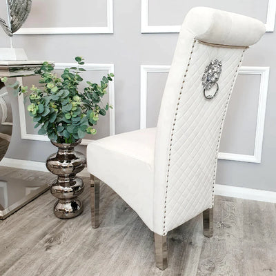 Louis Marble & Chrome Dining Table With Lucy Slim Quilted Lion Knocker Velvet Chairs