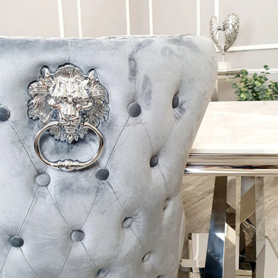 Louis 150cm Marble & Chrome Dining Table With Valente Velvet Chrome Lion Quilted Knocker Chairs