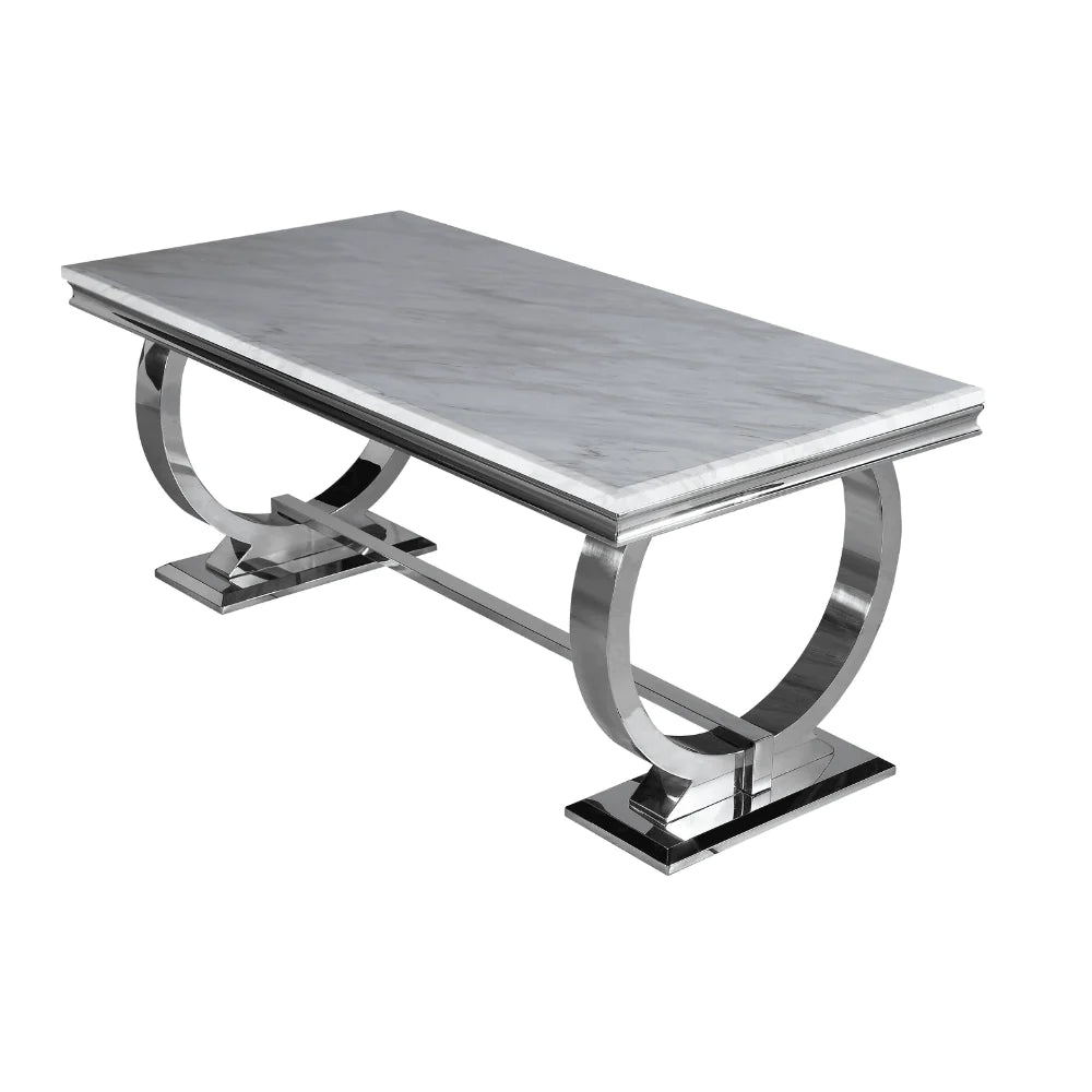 Arianna Marble & Chrome Dining Table With Lucy Slim Quilted Lion Knocker PU Leather Chairs
