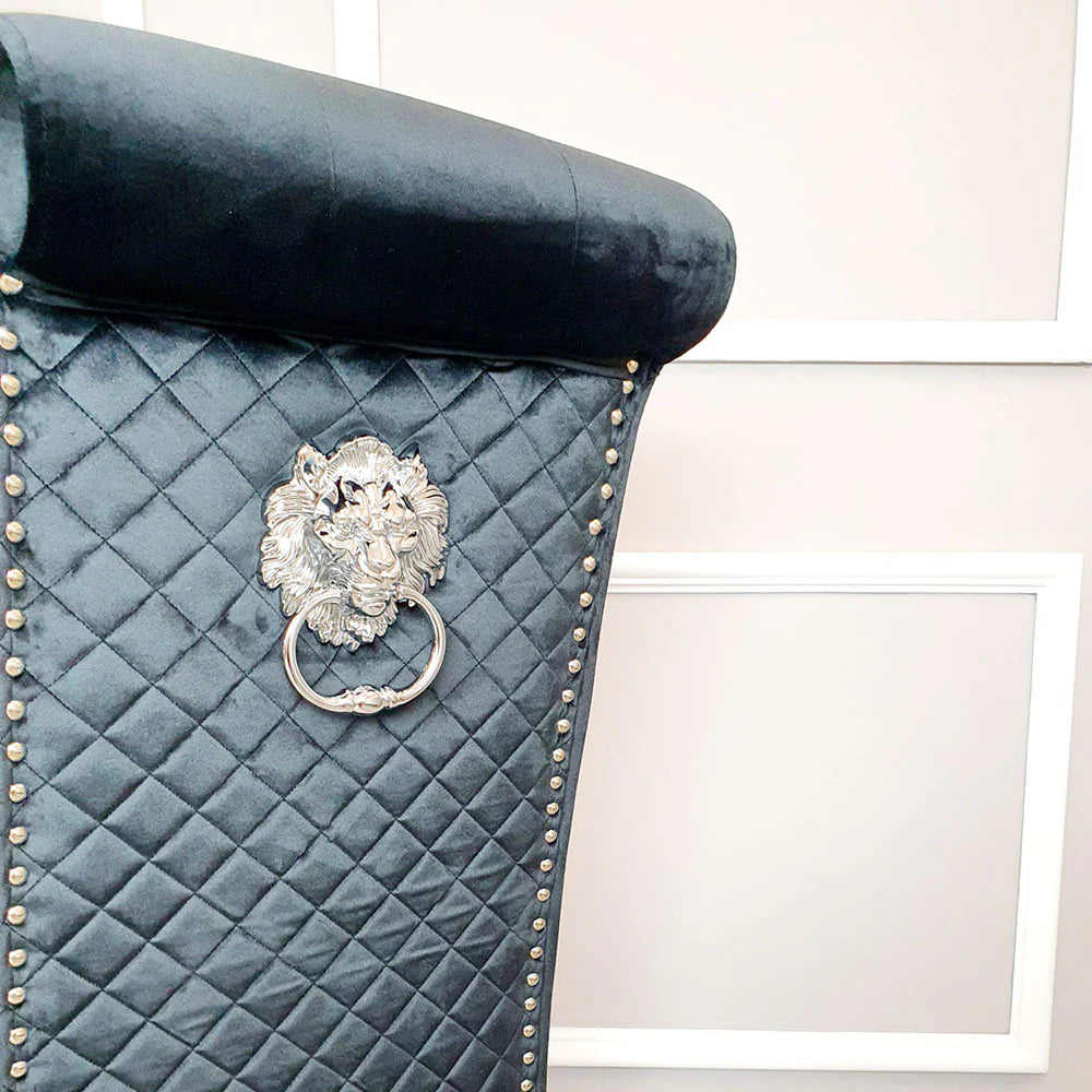 Elina 160cm Marble & Chrome Dining Table With Lucy Quilted Lion Knocker Velvet Chrome Chairs