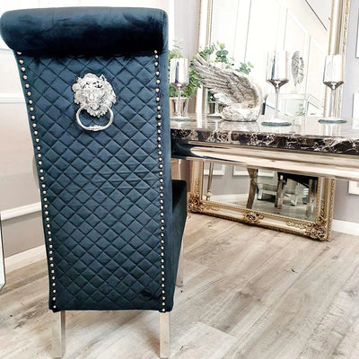 Venice 180cm Marble & Chrome Dining Table With Lucy Slim Quilted Lion Knocker Velvet Chairs