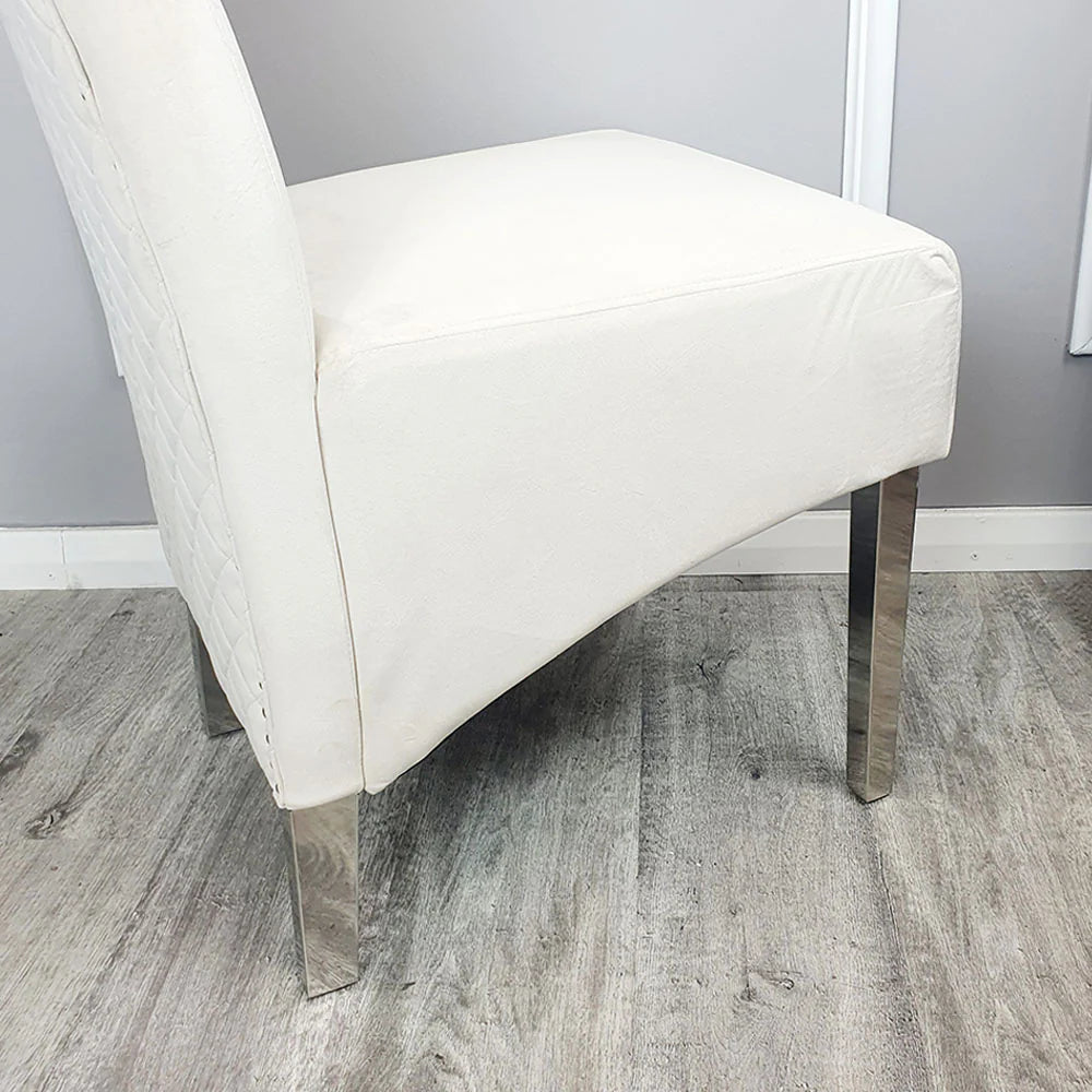 Elina 160cm Marble & Chrome Dining Table With Lucy Quilted Lion Knocker Velvet Chrome Chairs