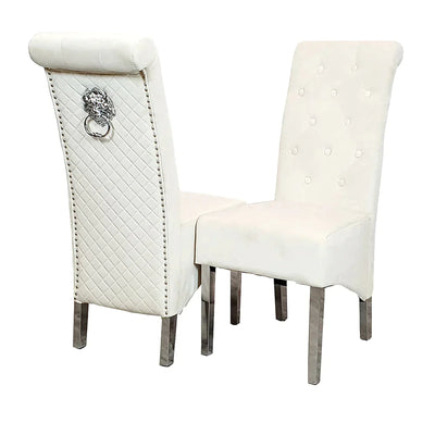 Venice 180cm Marble & Chrome Dining Table With Lucy Slim Quilted Lion Knocker Velvet Chairs