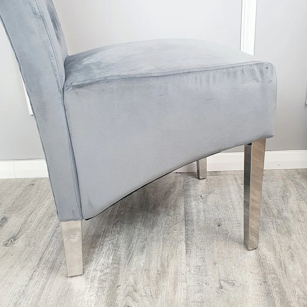 Elina 160cm Marble & Chrome Dining Table With Lucy Quilted Lion Knocker Velvet Chrome Chairs