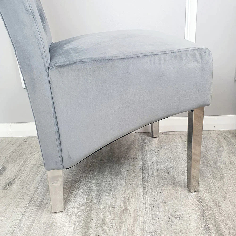 Ottavia 180cm Marble & Chrome Dining Table With Lucy Slim Quilted Lion Knocker Velvet Chairs