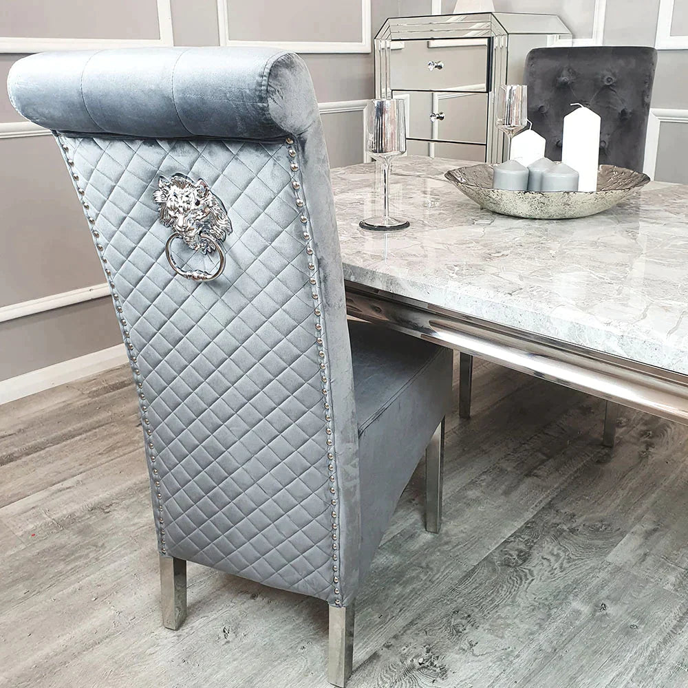 Venice 180cm Marble & Chrome Dining Table With Lucy Slim Quilted Lion Knocker Velvet Chairs