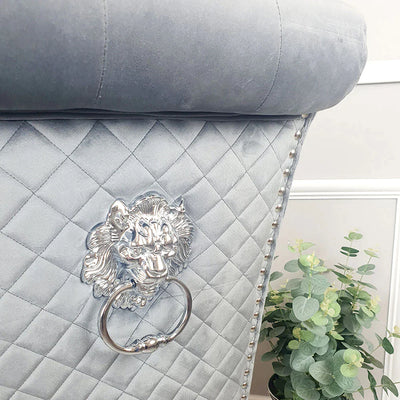 Louis Marble & Chrome Dining Table With Lucy Slim Quilted Lion Knocker Velvet Chairs