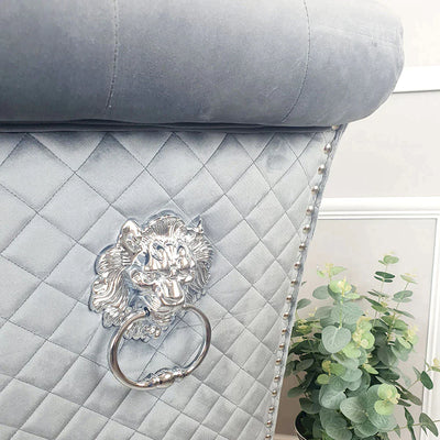 Louis Pandora Gold Marble & Chrome Dining Table With Lucy Slim Quilted Lion Knocker Velvet Chairs