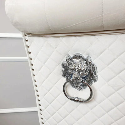 Ottavia 180cm Marble & Chrome Dining Table With Lucy Slim Quilted Lion Knocker Velvet Chairs