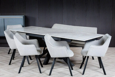 Nova 160-240cm White Ceramic Marble Side Extending Dining Table + Grey Boucle Fabric Dining Chairs
