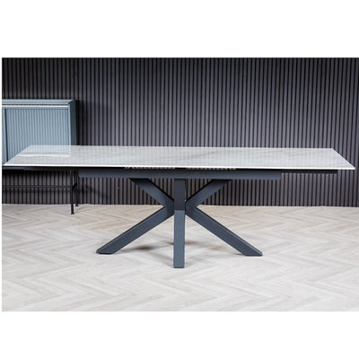 Nova 160-240cm White Gloss Ceramic Marble Side Extending Dining Table With Velvet Dining Chairs
