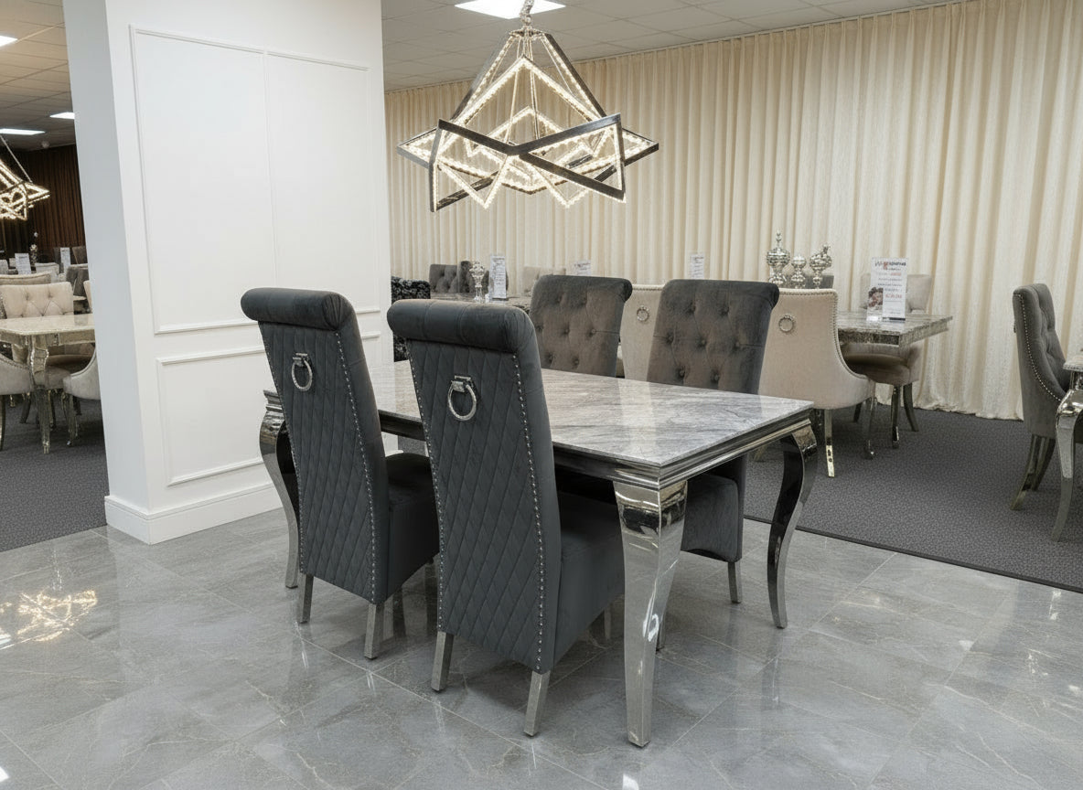 Louis Marble & Chrome Dining Table With Lucy Slim Quilted Ring Knocker Grey Velvet Chairs