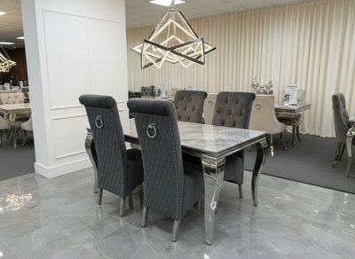 Louis Marble & Chrome Dining Table With Lucy Slim Quilted Ring Knocker Grey Velvet Chairs
