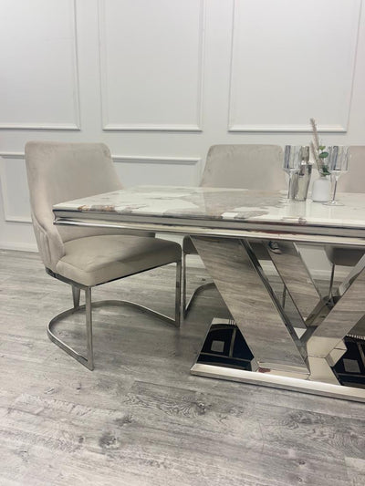 Cello 180cm Marble & Chrome Dining Table With Carlton Beige/Chrome Velvet Chairs