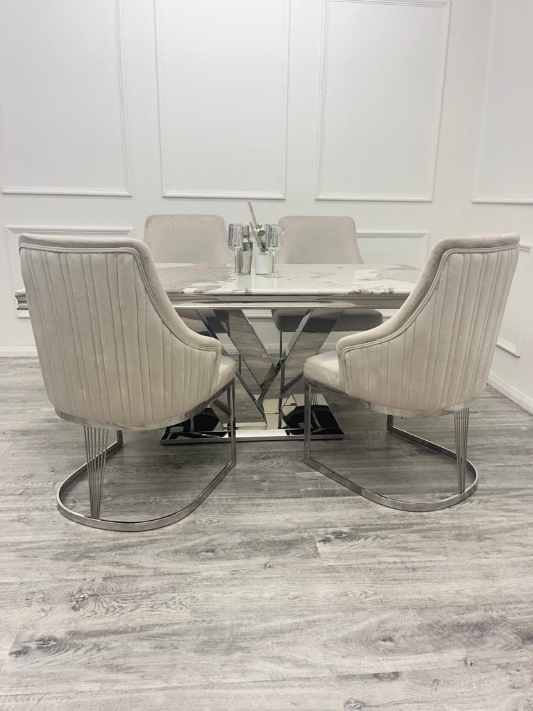 Cello 180cm Marble & Chrome Dining Table With Carlton Beige/Chrome Velvet Chairs