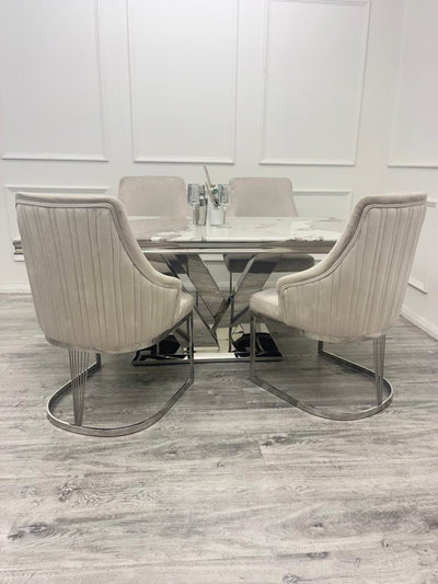 Cello 180cm Marble & Chrome Dining Table With Carlton Beige/Chrome Velvet Chairs