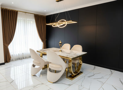 Arianna Marble & Gold Dining Table With Santos Curve Velvet Chairs Gold Legs