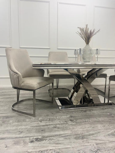 Ottavia 180cm Marble & Chrome Dining Table With Carlton Beige/Chrome Velvet Chairs