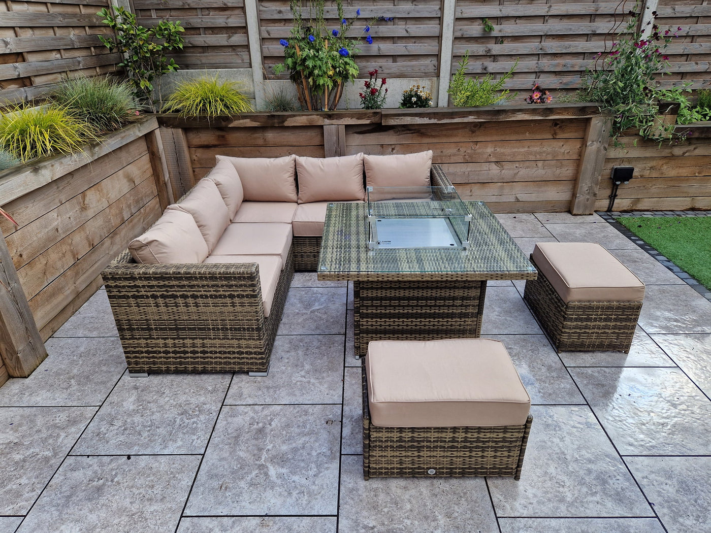 Georgia Mixed Brown Corner Sofa and Fire Pit Dining Table with 2 Stools