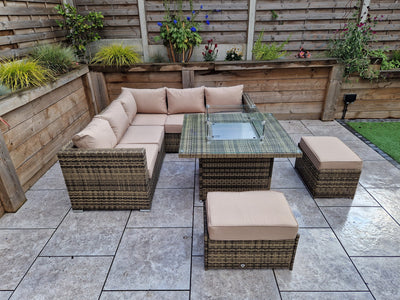 Georgia Mixed Brown Corner Sofa and Fire Pit Dining Table with 2 Stools