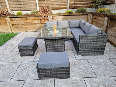Megan Outdoor Garden Grey Rattan Corner Sofa and Square Firepit Dining Set