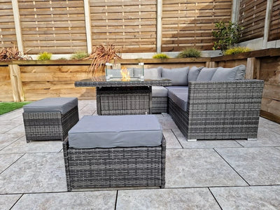 Megan Outdoor Garden Grey Rattan Corner Sofa and Square Firepit Dining Set