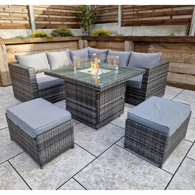 Megan Outdoor Garden Grey Rattan Corner Sofa and Square Firepit Dining Set