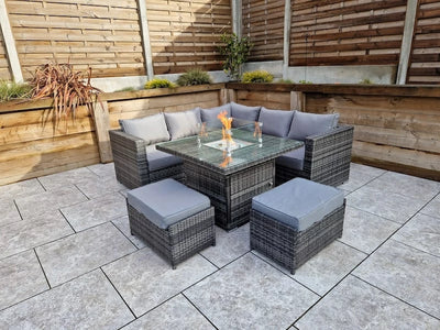 Megan Outdoor Garden Grey Rattan Corner Sofa and Square Firepit Dining Set