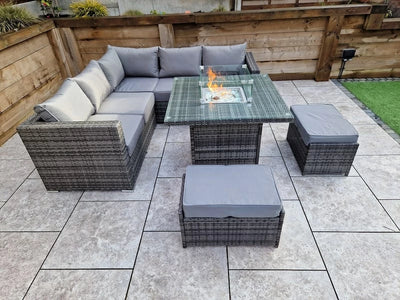 Megan Outdoor Garden Grey Rattan Corner Sofa and Square Firepit Dining Set