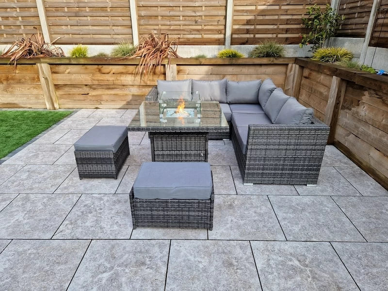 Megan Outdoor Garden Grey Rattan Corner Sofa and Square Firepit Dining Set