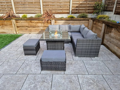 Megan Outdoor Garden Grey Rattan Corner Sofa and Square Firepit Dining Set