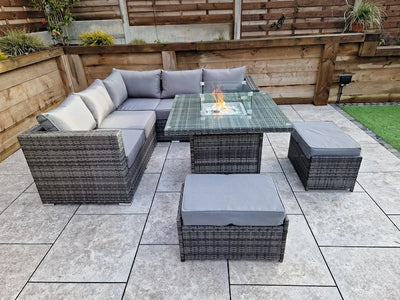 Megan Outdoor Garden Grey Rattan Corner Sofa and Square Firepit Dining Set