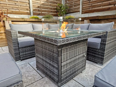 Megan Outdoor Garden Grey Rattan Corner Sofa and Square Firepit Dining Set