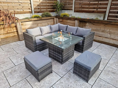 Megan Outdoor Garden Grey Rattan Corner Sofa and Square Firepit Dining Set